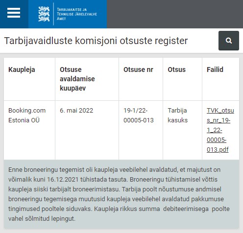 Foto kuvatõmmis TTJA Tarbijavaidluste komisjoni otsuste register