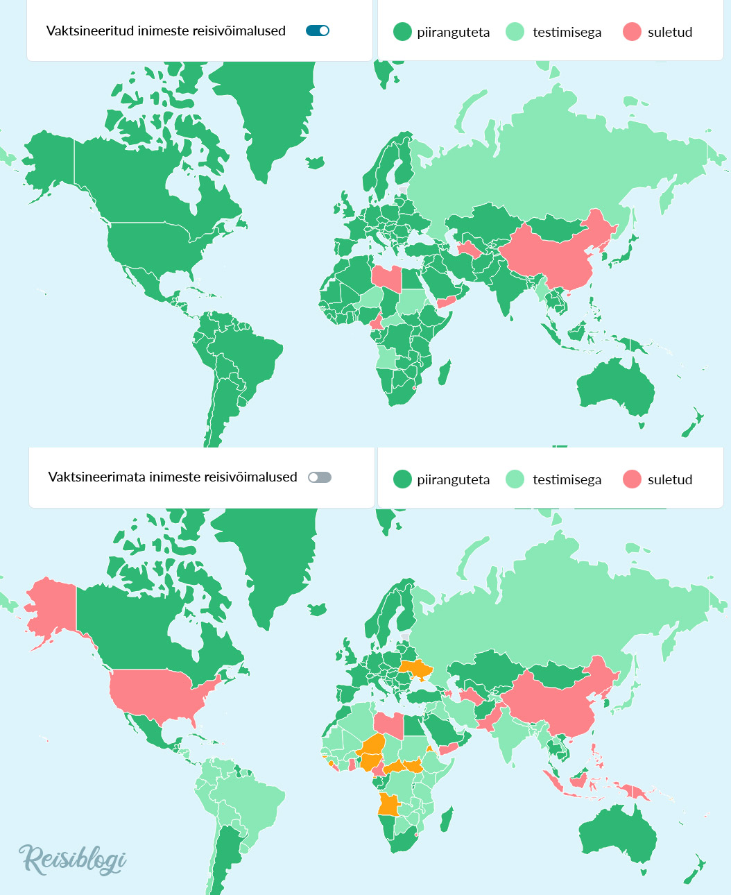 Kuhu saavad vaktsineeritud ja vaktsineerimata inimesed piiranguteta või negatiivse testiga reisida